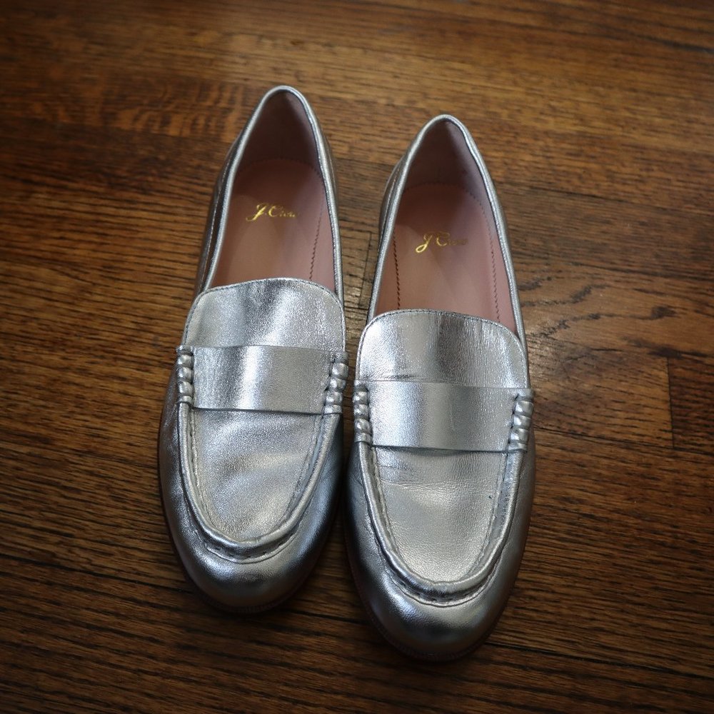 J.Crew leather penny loafers in silver, never worn